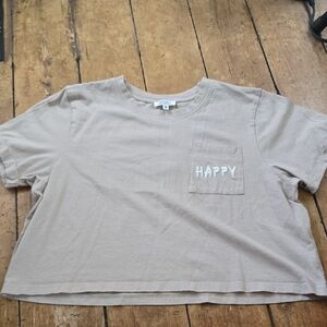 Casual Tan Cropped Tee with 'Happy' Pocket